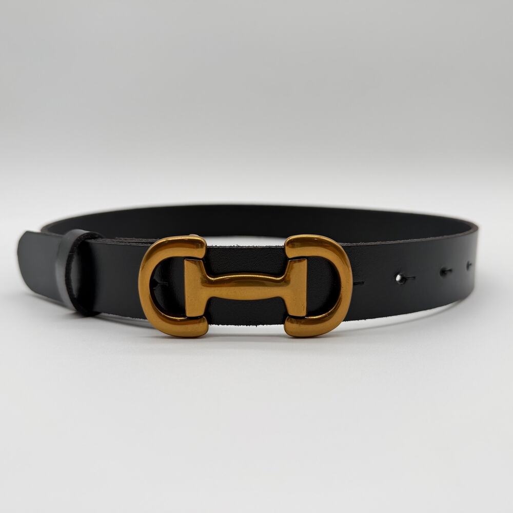 BODEN | Iris Snaffle Black Leather Gold Horsebit Buckle Belt Equestrian S